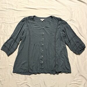 J. Jill Women's Blue Teal 3/4 Sleeve Blouse L Petite V-Neck Flowy Top